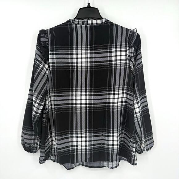 Bloomchic Plaid Tie Neck Lightweight Ruffle Sleeve Pullover Blouse Women Size 10 - Picture 2 of 9